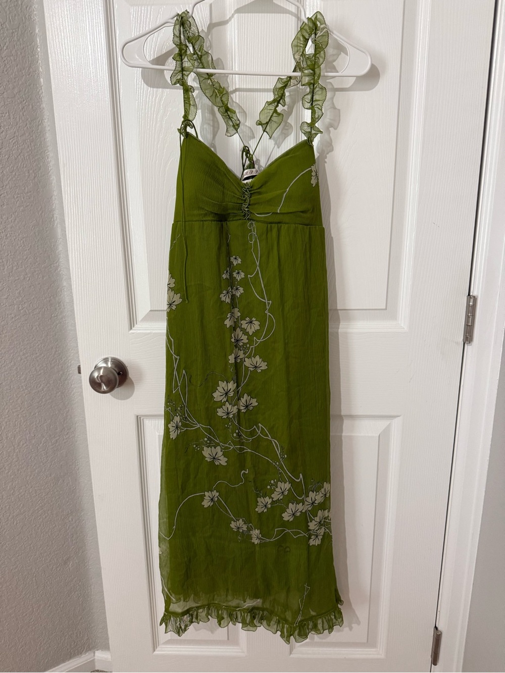 Olive Green Floral Ruffle-Strap Midi Dress